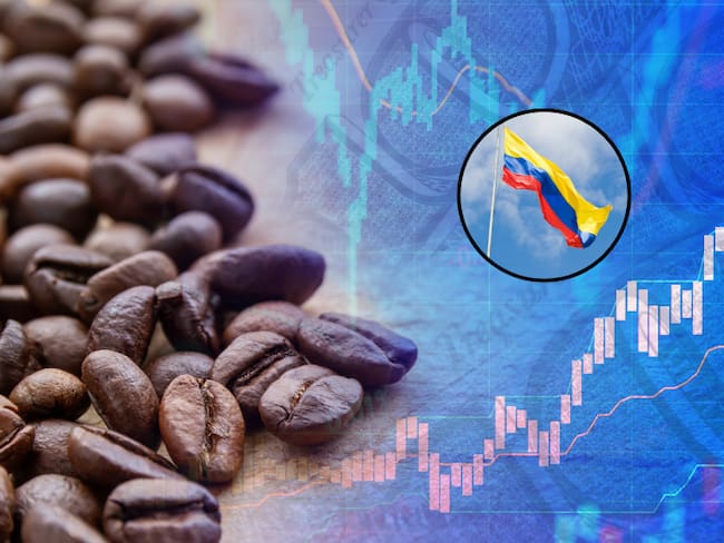 Granos de café fusionados con gráfica de fluctuación de cifras y una bandera de Colombia (Fotos vía Getty Images)