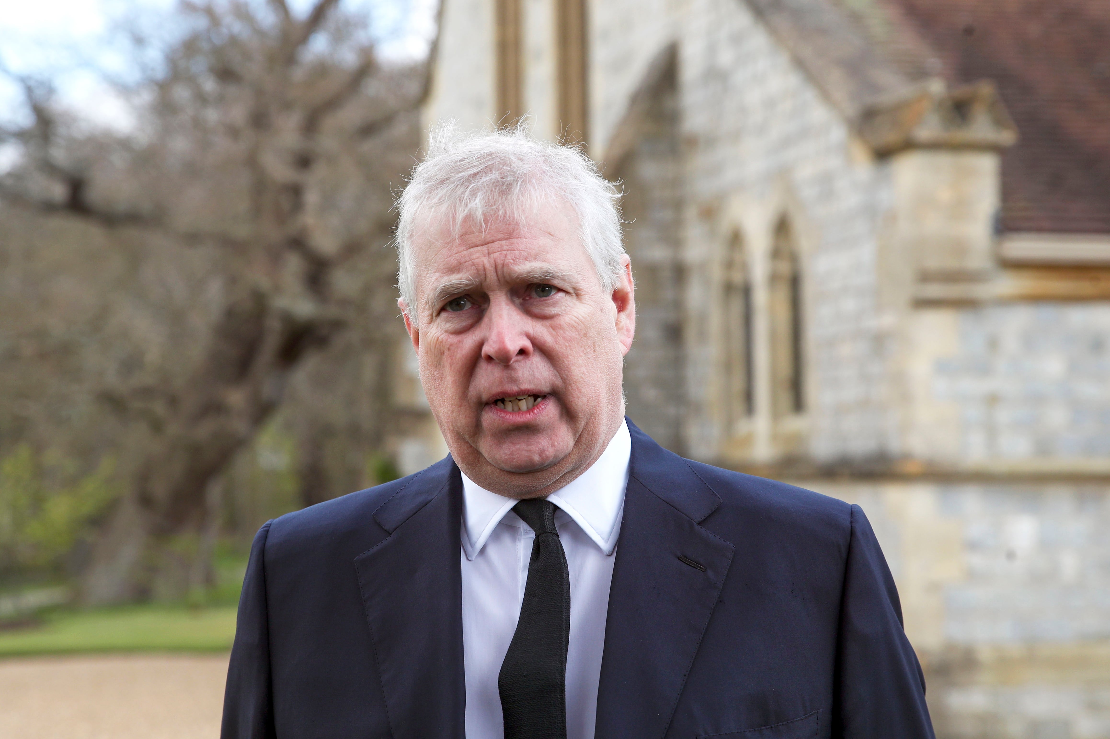 WINDSOR, ENGLAND - APRIL 11: Prince Andrew, Duke of York, attends the Sunday Service at the Royal Chapel of All Saints, Windsor, following the announcement on Friday April 9th of the death of Prince Philip, Duke of Edinburgh, at the age of 99, on April 11, 2021 in Windsor, England. (Photo by Steve Parsons - WPA Pool/Getty Images)