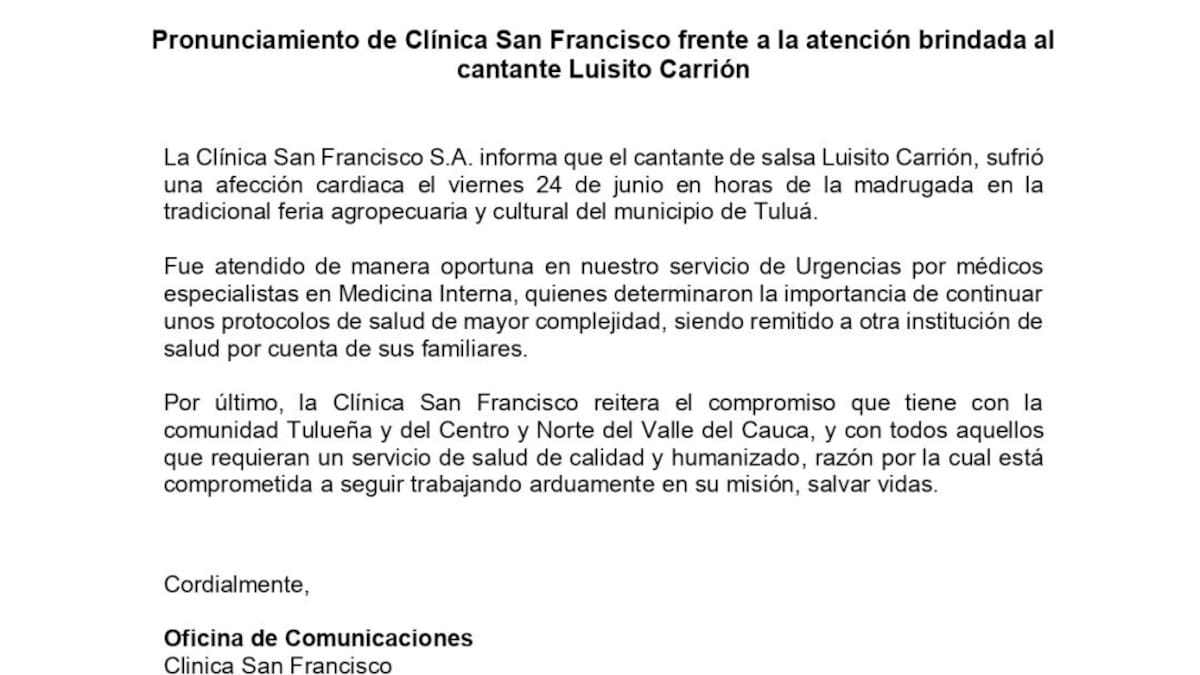 Situación medica de Luisito Carrión es delicada y de pronóstico reservado