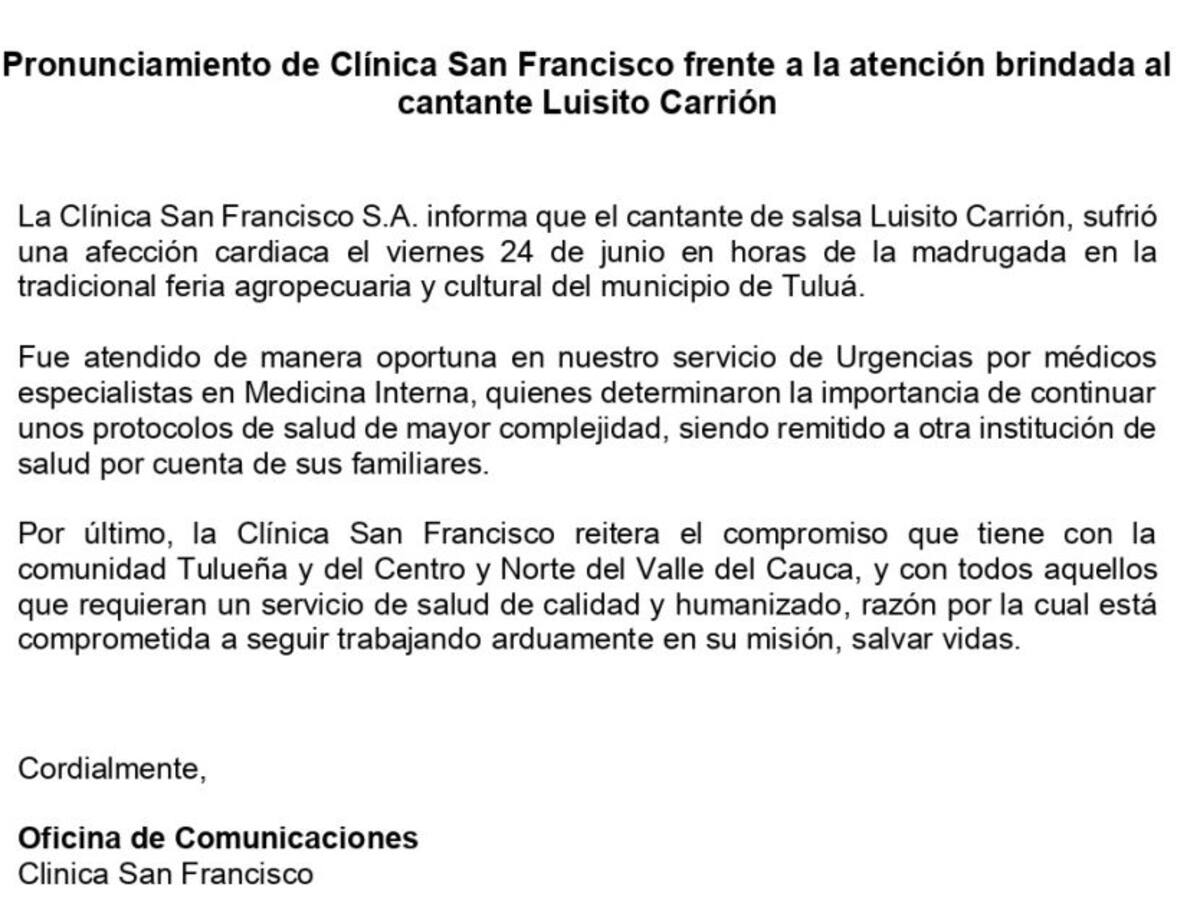 Situación medica de Luisito Carrión es delicada y de pronóstico reservado