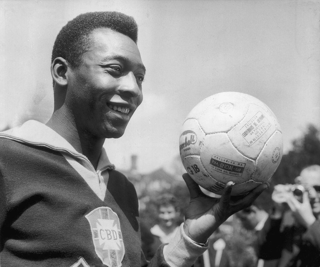 Brazilian footballer Pele in training for Brazil's match against England.    (Photo by Keystone/Getty Images)