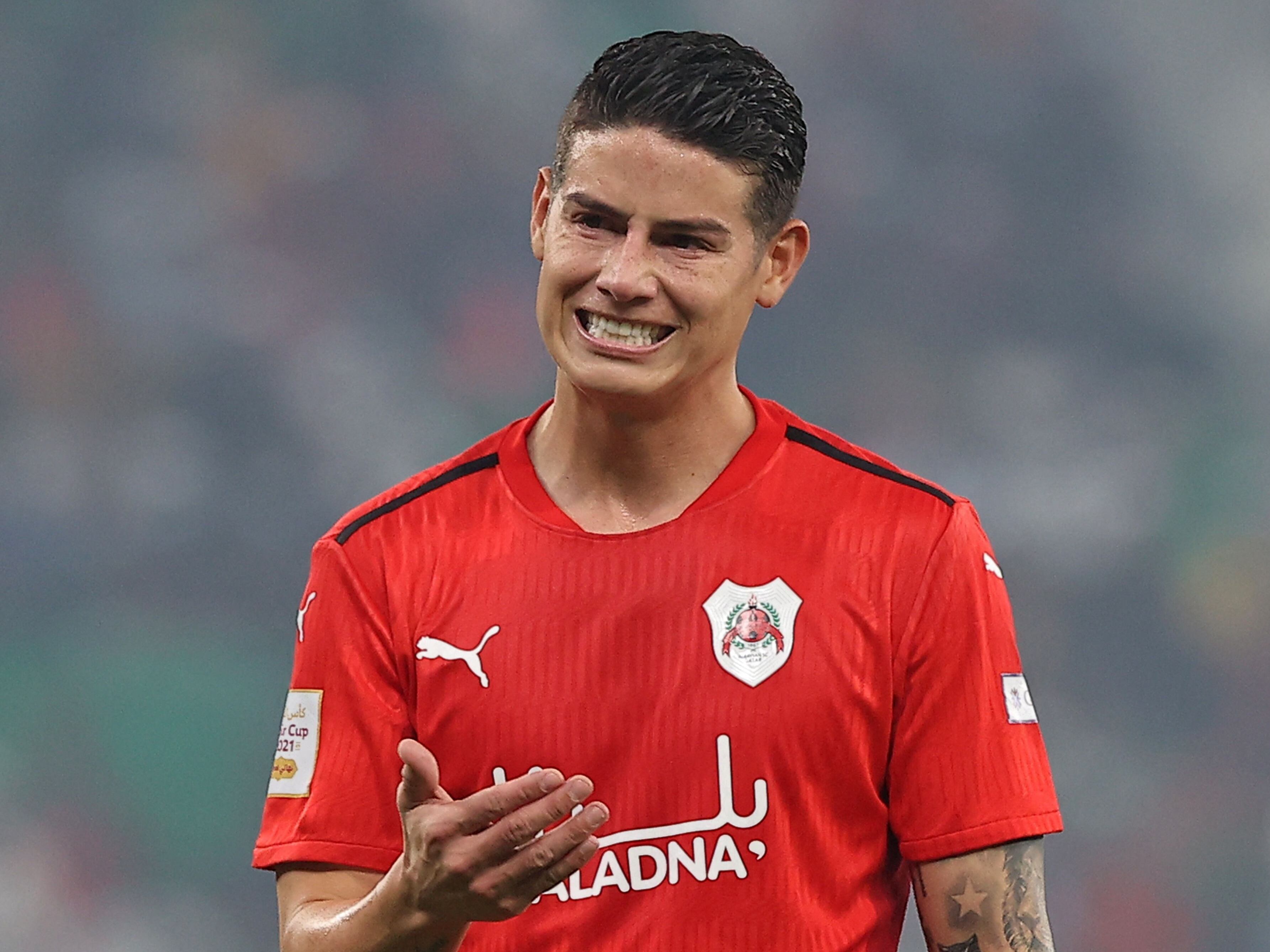 Rayyan's midfielder James Rodriguez speaks to teammates during the Amir Cup final football match between Al-Sadd and Al-Rayyan at the Al-Thumama Stadium in the capital Doha on October 22, 2021. (Photo by KARIM JAAFAR / AFP) (Photo by KARIM JAAFAR/AFP via Getty Images)