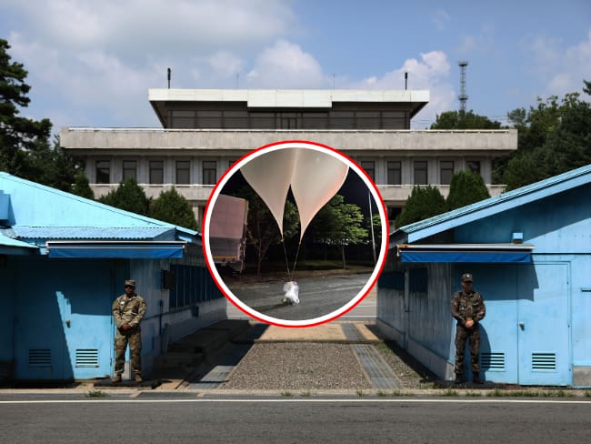 La frontera entre Corea del Norte y Corea del Sur. En el círculo una de las pruebas del envío de bolsas de basura amarradas a globos.
(Foto: Getty / Cortesía / Caracol Radio )