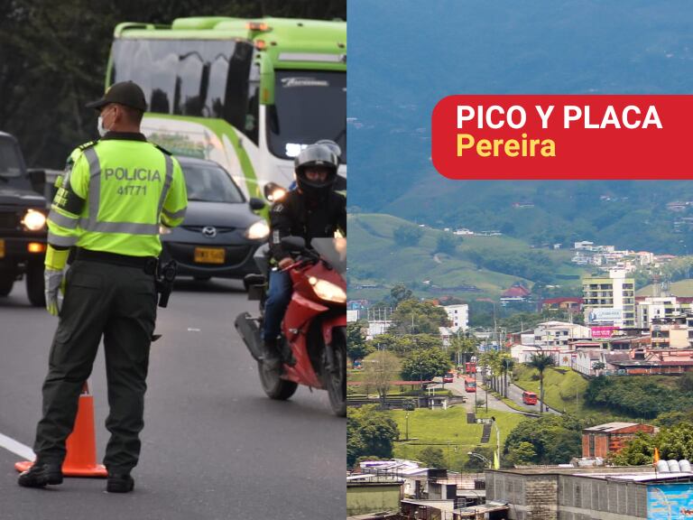 Vista panorámica de una parte de Pereira y al lado un puesto de control de la policía de Tránsito (Fotos vía Getty Images y COLPRENSA)