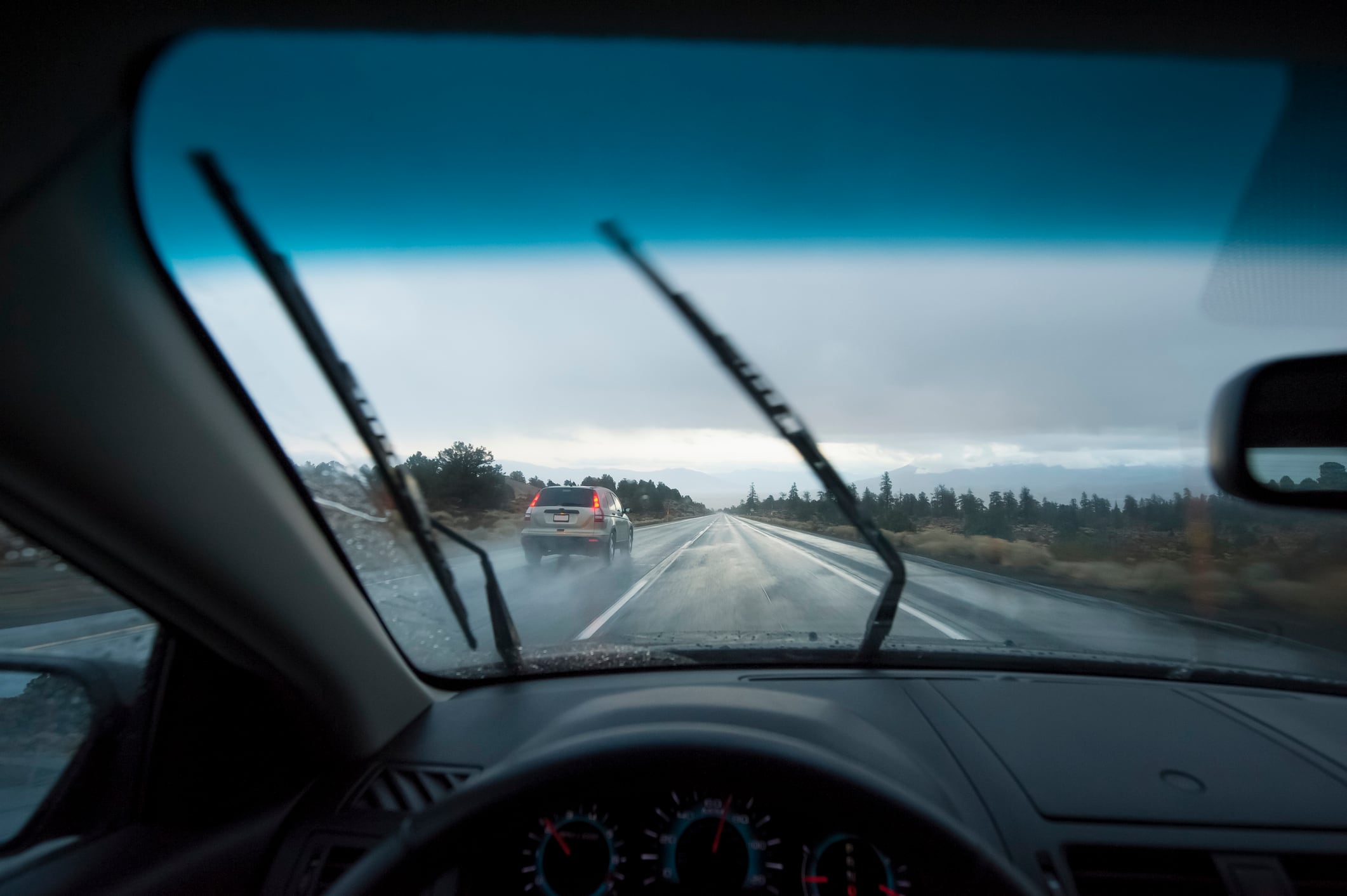 Driving in the rain on Highway 395 near Bishop.