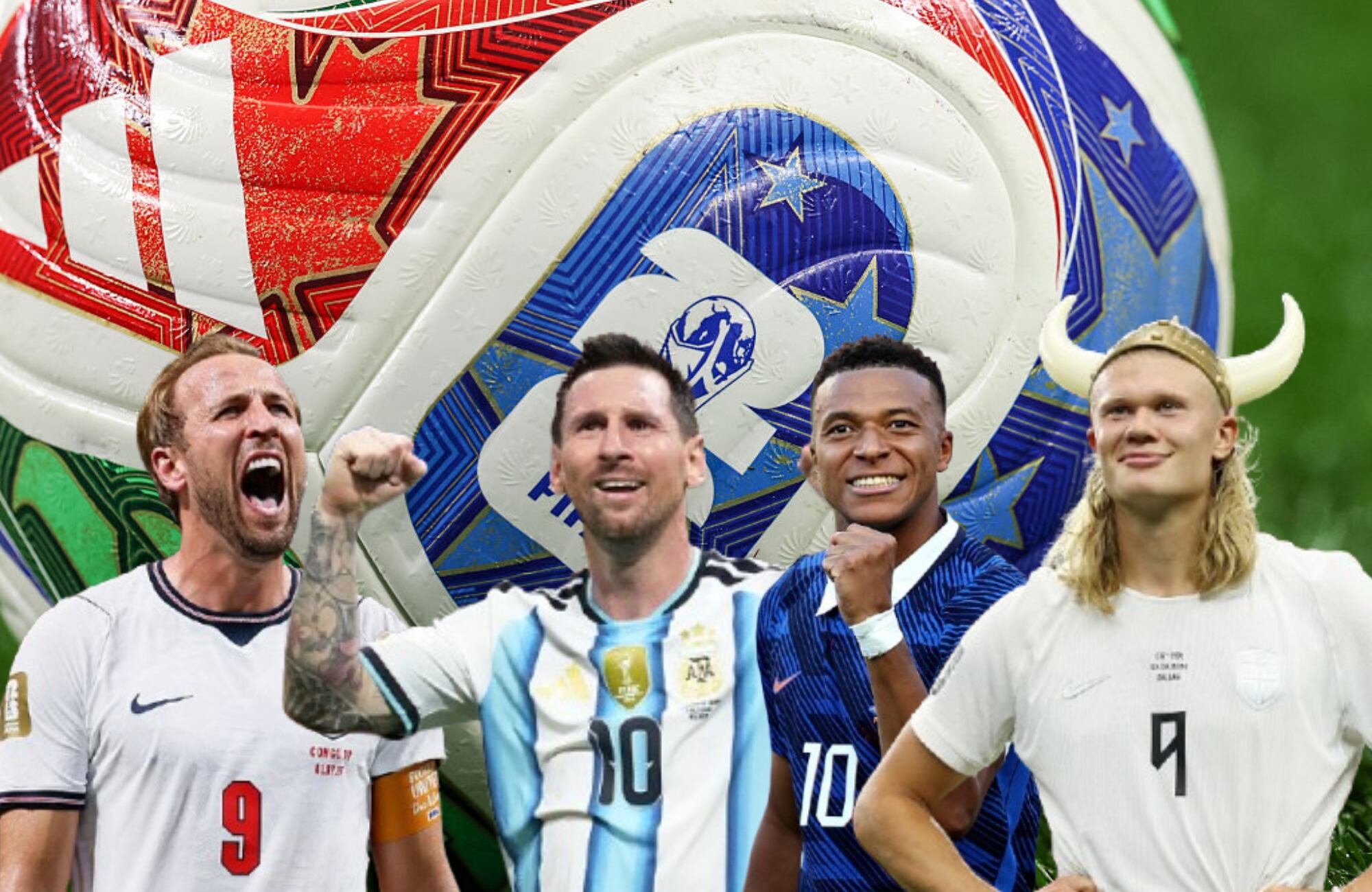 Balón Trionda, Harry Kane, Lionel Messi, Kylian Mbappé y Erling Haaland. Fotos: (Photo by David Buono/Icon Sportswire via Getty Images) / (Photo by Richard Sellers/Sportsphoto/Allstar via Getty Images) / (Photo by Koji Watanabe/Getty Images) / (Photo by Jordan Bank - FIFA/FIFA via Getty Images) / (Photo by Image Photo Agency/Getty Images)