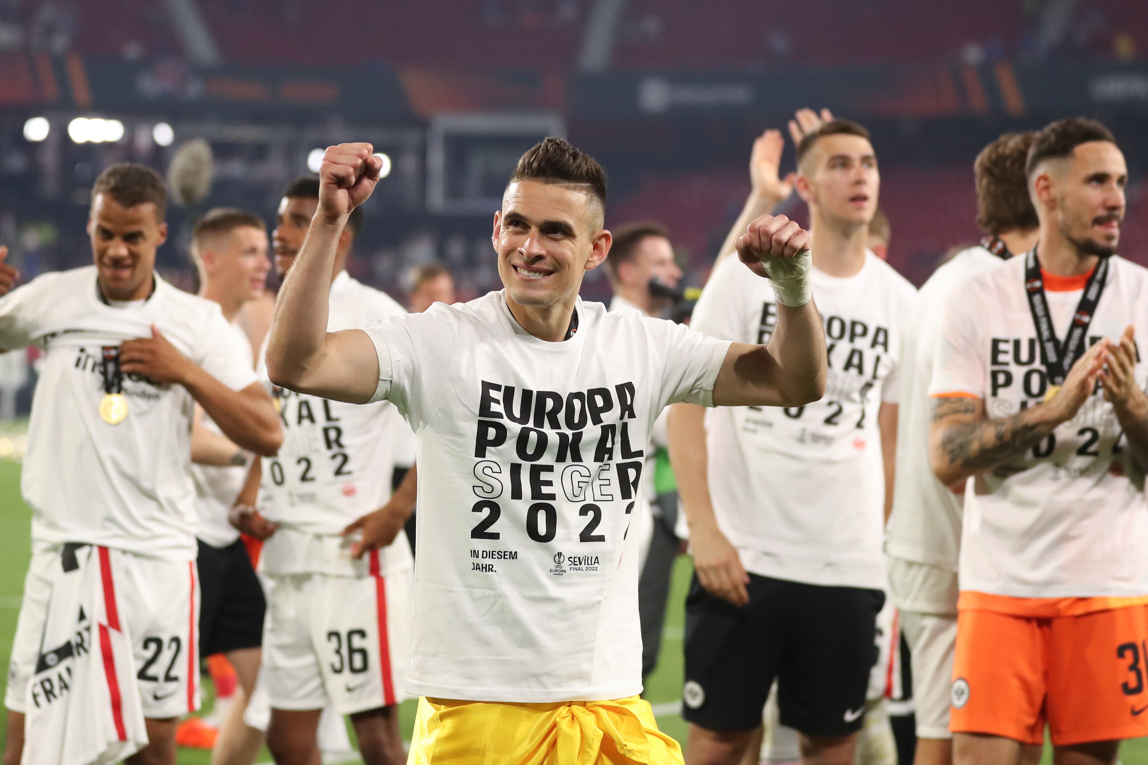 SEVILLE, SPAIN - MAY 18: Rafael Santos Borre of Eintracht Frankfurt during the UEFA Europa League final match between Eintracht Frankfurt and Rangers FC at Estadio Ramon Sanchez Pizjuan on May 18, 2022 in Seville, Spain. (Photo by James Williamson - AMA/Getty Images)