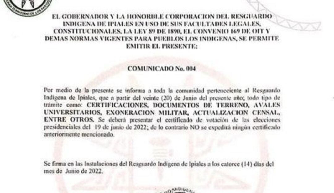 Resguardo indígena de Ipiales Carlos Hualpa en la que se informa a la comunidad sobre la obligatoriedad de aportar desde el 20 de junio el certificado electoral para los tramites que se realicen ante el Cabildo.