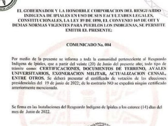 Resguardo indígena de Ipiales Carlos Hualpa en la que se informa a la comunidad sobre la obligatoriedad de aportar desde el 20 de junio el certificado electoral para los tramites que se realicen ante el Cabildo.