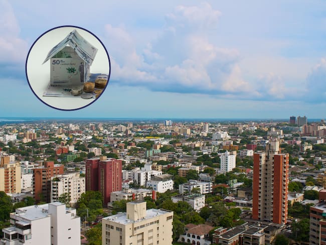 Imagen de casas y apartamentos de Barranquilla. En el círculo, billetes y monedas colombianas formando una vivienda / Fotos: GettyImages