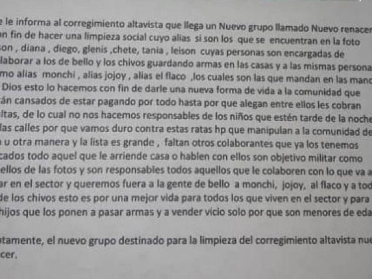 Un nuevo panfleto en Altavista amenaza con una “limpieza social"