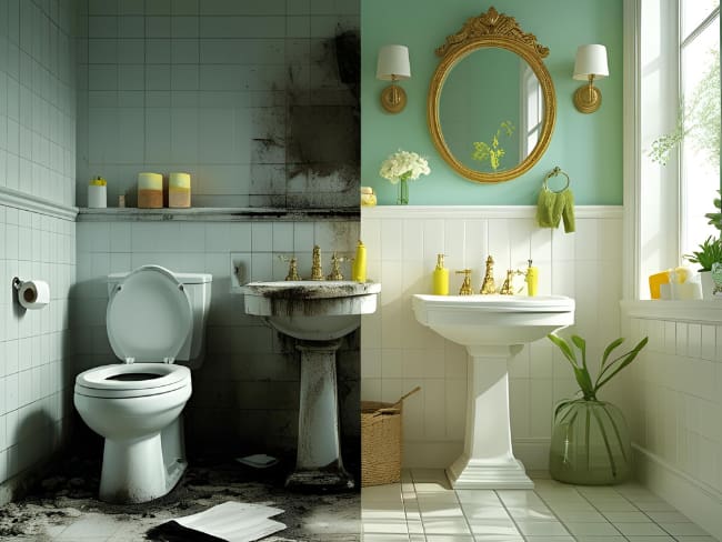 Baño limpio vs baño sucio, imagen creada con IA de Canva.
