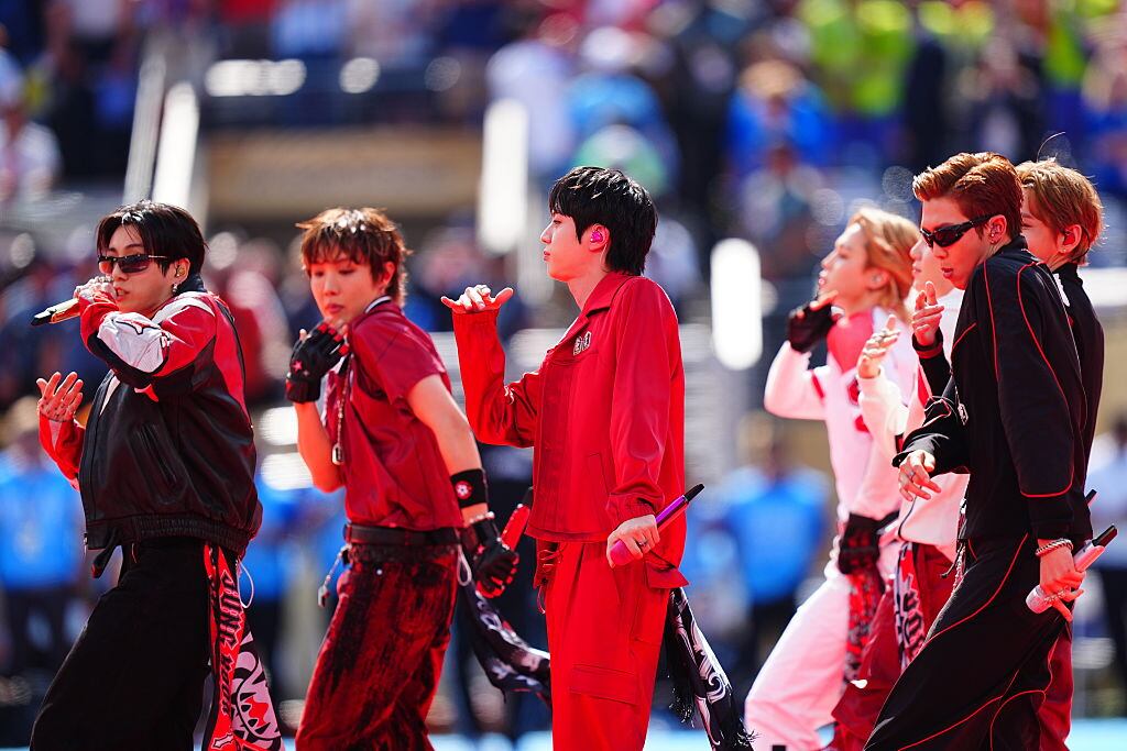 EAST RUTHERFORD, NEW JERSEY - JULY 19: South Korean boy band BTS performs during the half time show of FIFA World Cup 2026 Final match between Spain and Argentina at New York New Jersey Stadium in East Rutherford, New Jersey, USA on July 19, 2026. (Photo by Evrim Aydin/Anadolu via Getty Images)