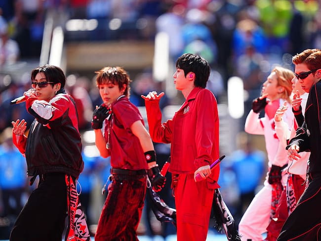 EAST RUTHERFORD, NEW JERSEY - JULY 19: South Korean boy band BTS performs during the half time show of FIFA World Cup 2026 Final match between Spain and Argentina at New York New Jersey Stadium in East Rutherford, New Jersey, USA on July 19, 2026. (Photo by Evrim Aydin/Anadolu via Getty Images)