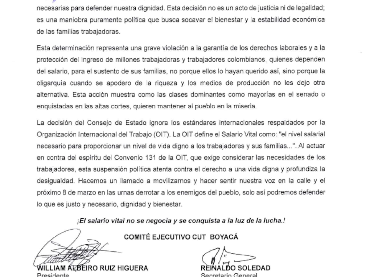 CUT Boyacá rechaza suspensión del decreto del salario mínimo para 2026