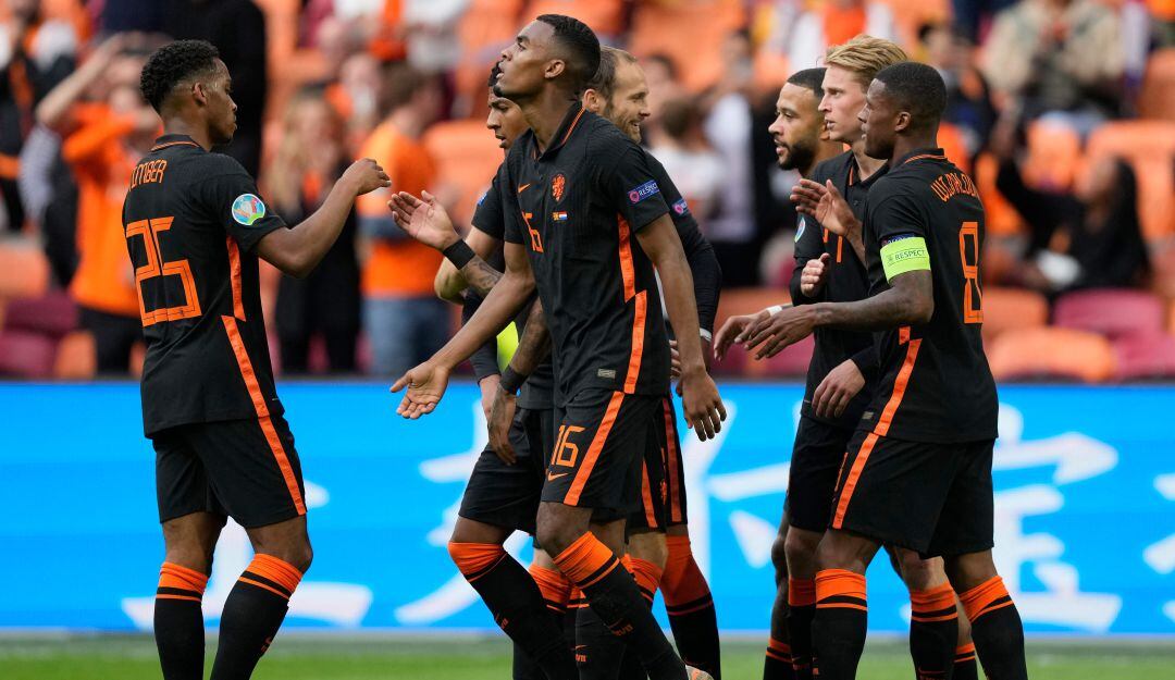 Los jugadores neerlandeses festejan uno de los tres goles ante Macedonia del Norte.