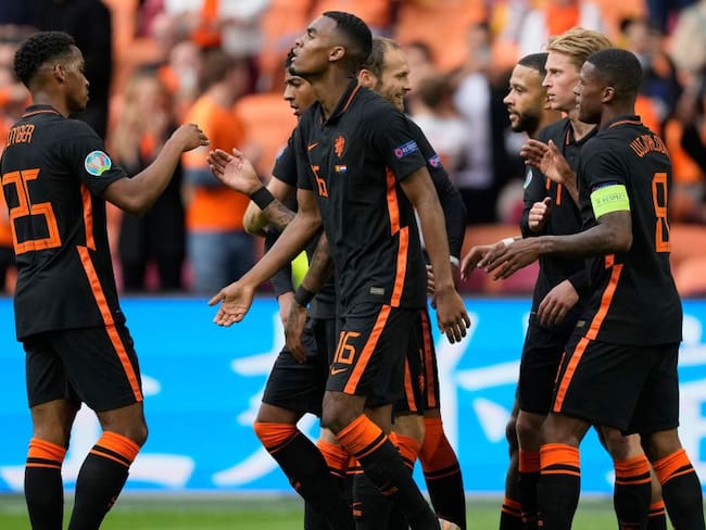 Los jugadores neerlandeses festejan uno de los tres goles ante Macedonia del Norte.