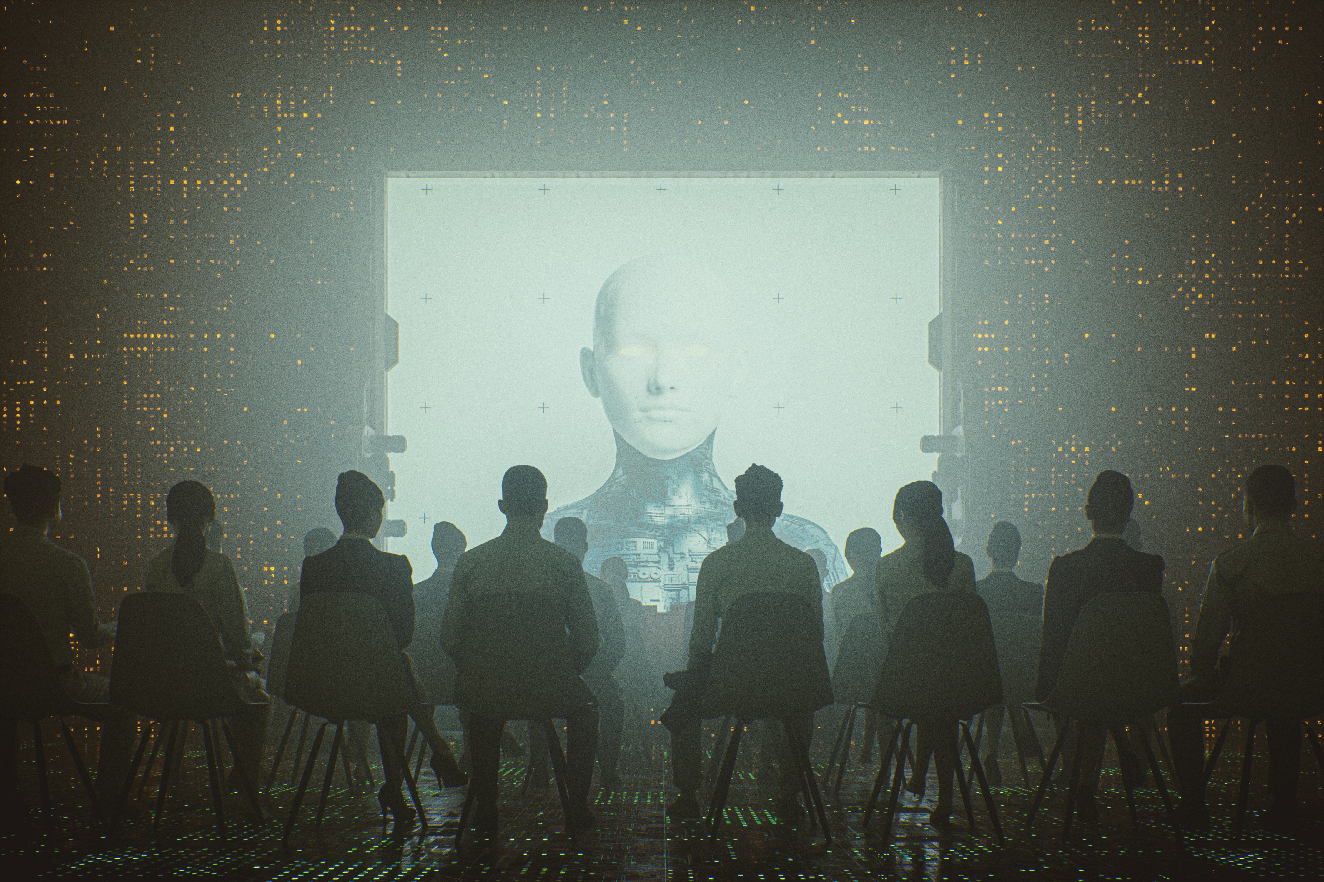 Futuristic cyborg religion and control. Image on the projection screen is my own render, already approved and in my portfolio. This is entirely 3D generated image.