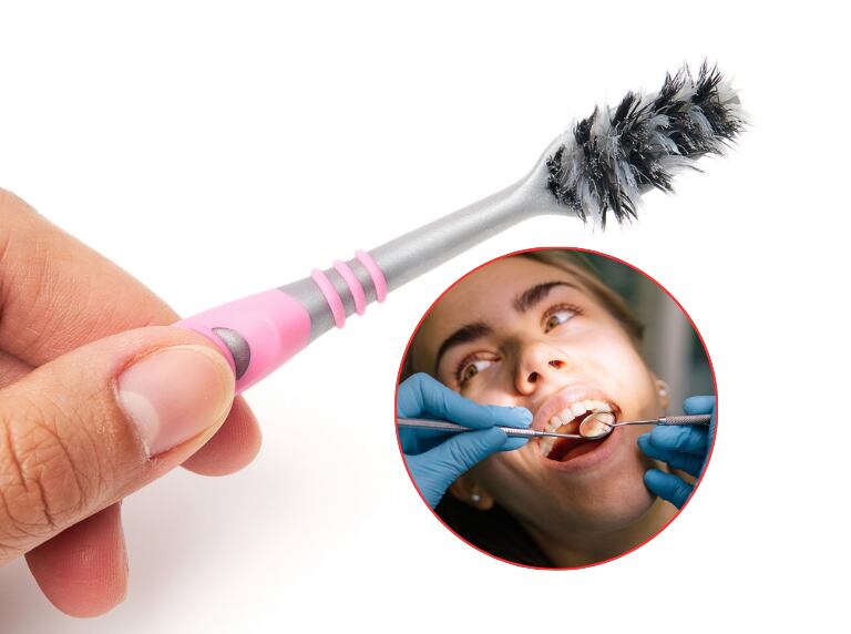 Cepillo de dientes desgastado / Mujer atendiendo al odontólogo (Getty Images)
