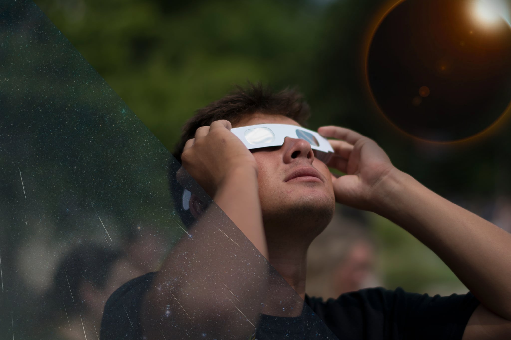 Imagen de fondo tomada de Getty Imagenes (Crédito: Cavan Images) // Imagen del eclipse tomada de Getty Imagenes (Crédito: George Pachantouris) // Imagen de la lluvia de estrellas tomada de Getty Imagenes (Crédito: Gabriel Gonzalez (noctografia) / 500px)