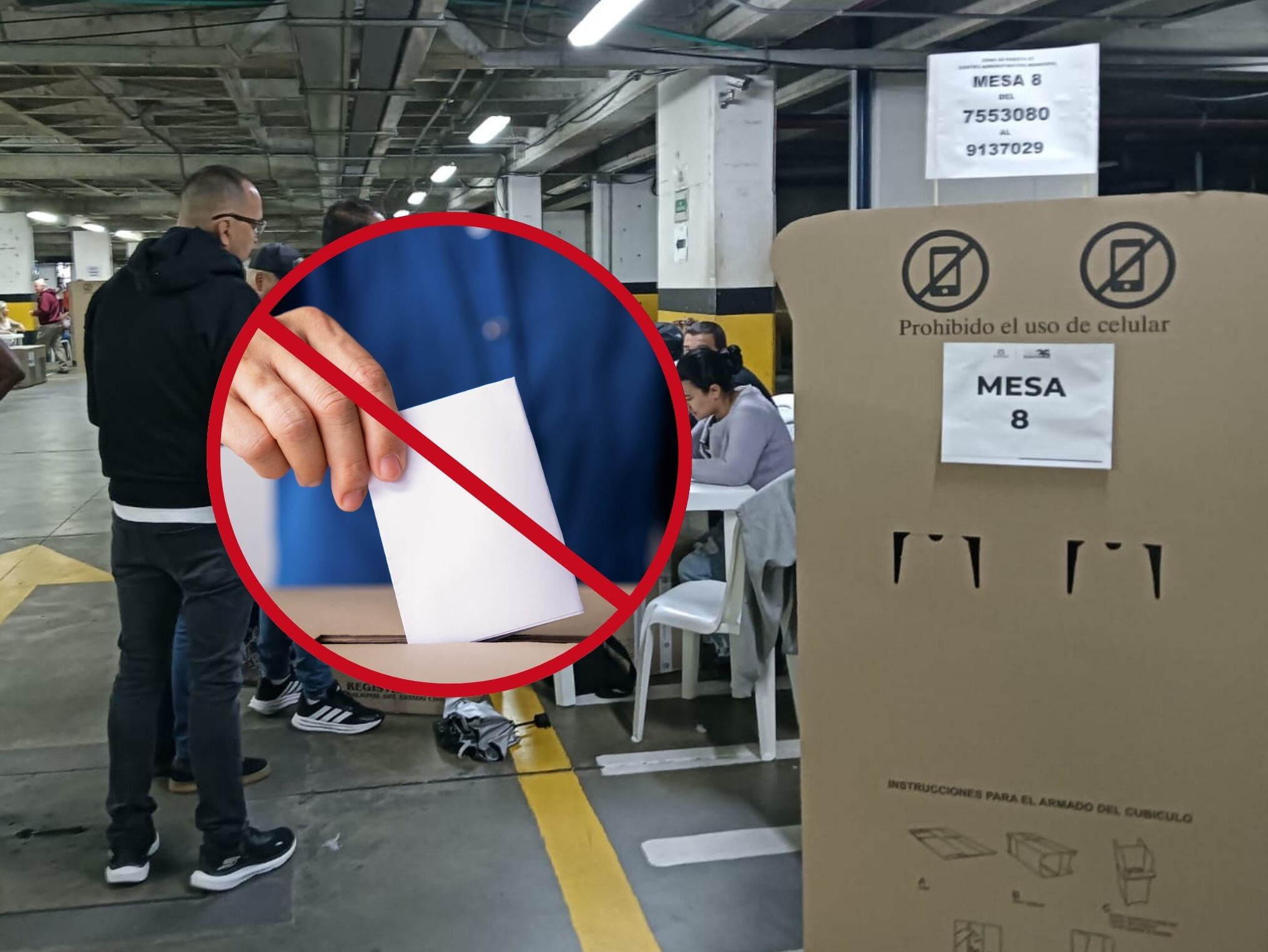 De fondo: Imagen de referencia de votaciones (Cortesía: Colprensa) / A la izquierda hay una imagen ilustrativa de una persona votando debajo de un círculo de prohibición (Crédito: Getty Images)