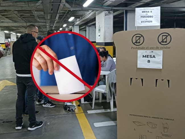 De fondo: Imagen de referencia de votaciones (Cortesía: Colprensa) / A la izquierda hay una imagen ilustrativa de una persona votando debajo de un círculo de prohibición (Crédito: Getty Images)