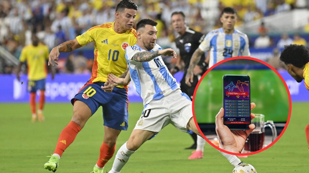Jugadores de Argentina vs. Colombia y una  imagen de referencia de un celular | Foto Getty Images