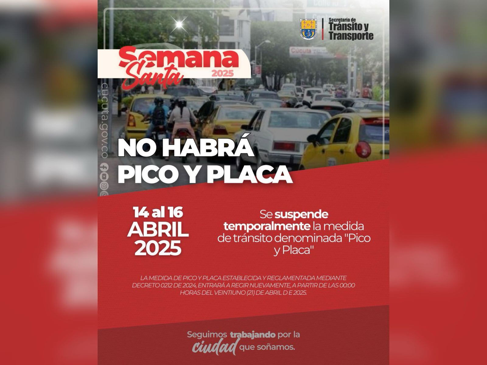 Se suspende el Pico y Placa en Cúcuta durante Semana Santa. 