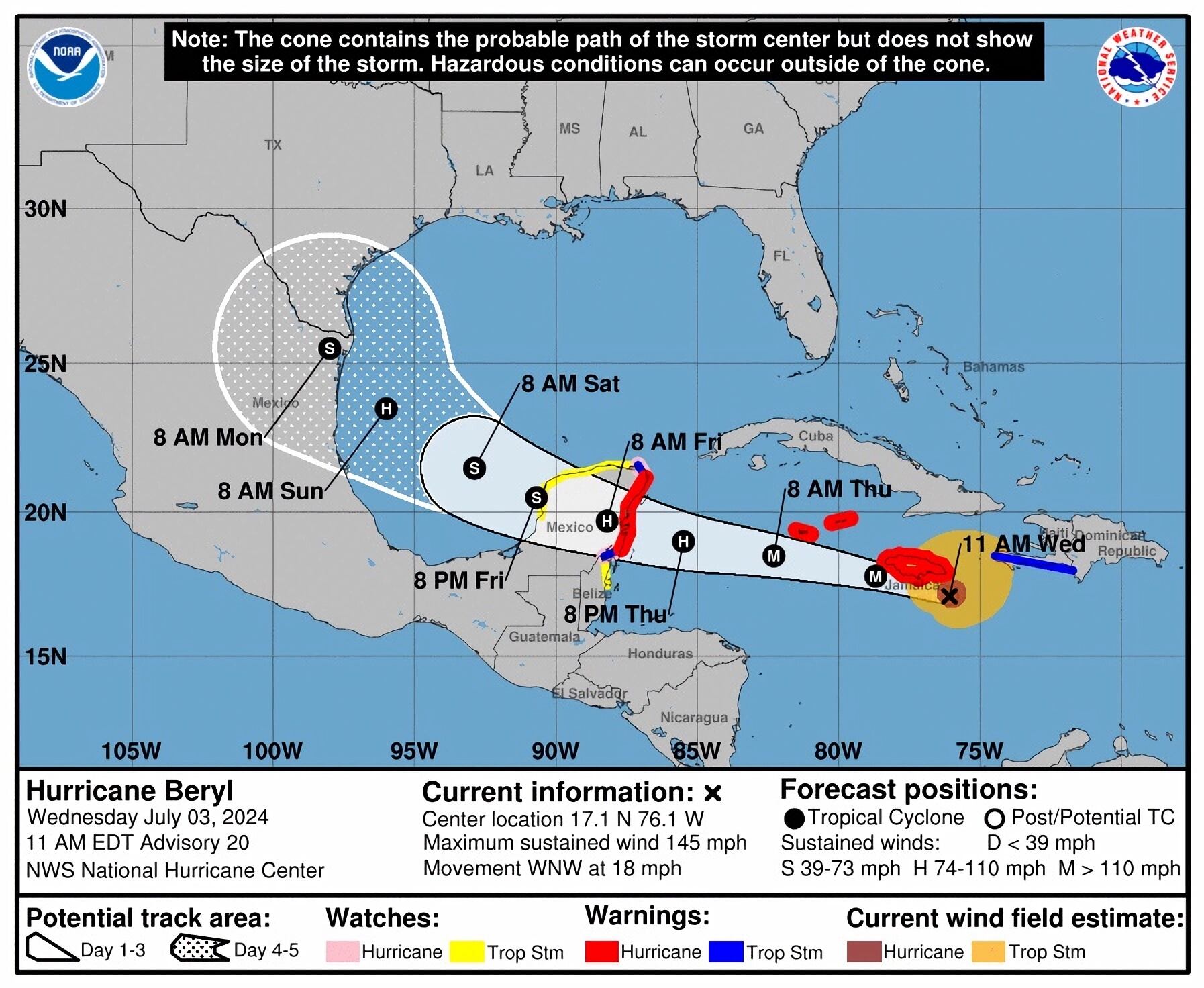 USA6032. MIAMI (FL, EEUU), 03/07/2024.- Imagen cedida este miércoles por el Centro Nacional de Huracanes (NHC) estadounidense donde se muestra el pronóstico de cinco días de la trayectoria del huracán Beryl en el Caribe. Beryl, un peligroso huracán de categoría 4, avanza hacia Jamaica, a donde llegará este mediodía con fuerza de ciclón mayor, para desplazarse después hacia México y Belice, según el Centro Nacional de Huracanes (NHC) de Estados Unidos. EFE/NHC /SOLO USO EDITORIAL /NO VENTAS /SOLO DISPONIBLE PARA ILUSTRAR LA NOTICIA QUE ACOMPAÑA /CRÉDITO OBLIGATORIO