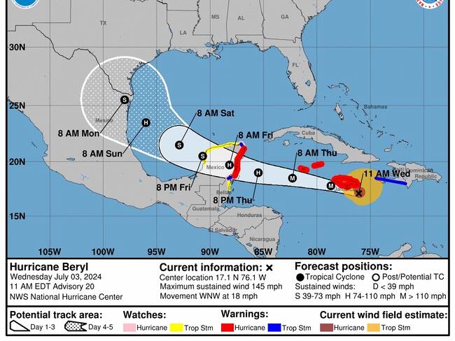 USA6032. MIAMI (FL, EEUU), 03/07/2024.- Imagen cedida este miércoles por el Centro Nacional de Huracanes (NHC) estadounidense donde se muestra el pronóstico de cinco días de la trayectoria del huracán Beryl en el Caribe. Beryl, un peligroso huracán de categoría 4, avanza hacia Jamaica, a donde llegará este mediodía con fuerza de ciclón mayor, para desplazarse después hacia México y Belice, según el Centro Nacional de Huracanes (NHC) de Estados Unidos. EFE/NHC /SOLO USO EDITORIAL /NO VENTAS /SOLO DISPONIBLE PARA ILUSTRAR LA NOTICIA QUE ACOMPAÑA /CRÉDITO OBLIGATORIO
