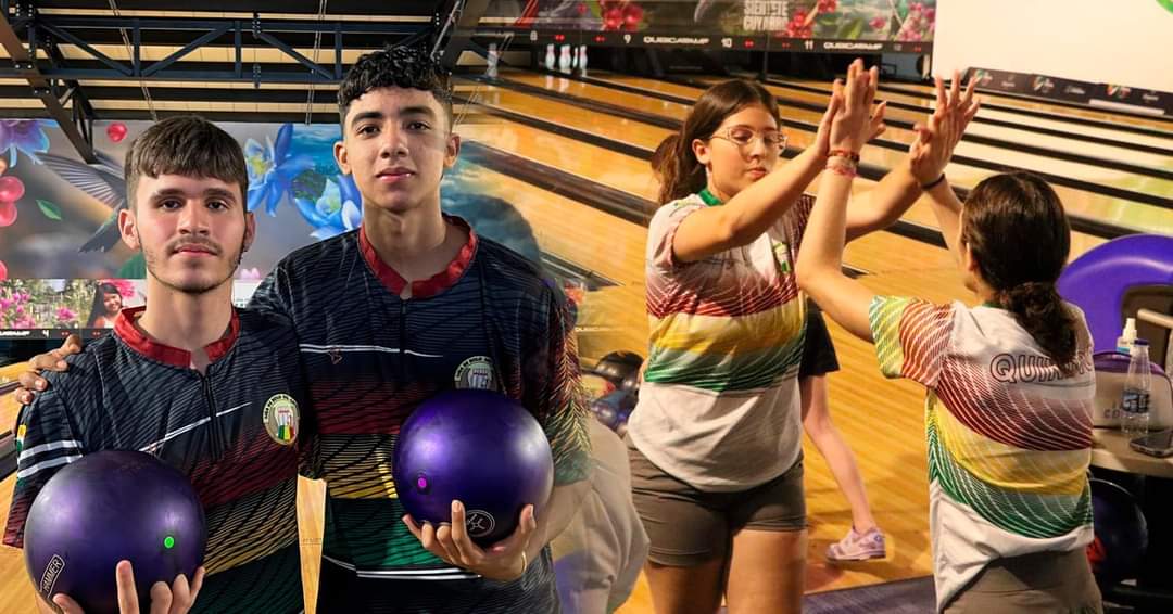Miguel Ángel Londoño Mora y Gustavo Daniel Iznaga Sánchez  y, Sophía Fajardo Osorio y Sofía Victoria Barrera ganaron medallas de bronce en bolos en Juegos Nacionales. Foto Gobernación Quindío