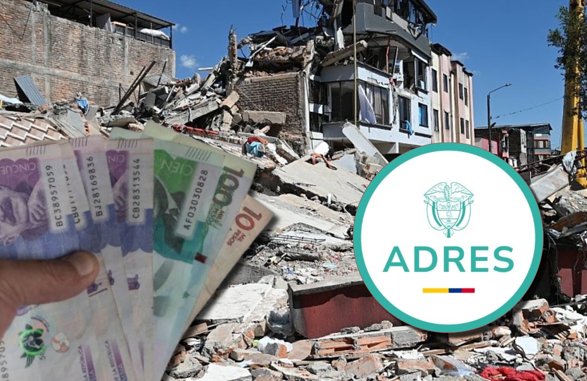 Terremoto Colombia, dinero y logo de la ADRES. Fotos: (Photo by Alexis Munera/Anadolu via Getty Images) / Getty Images / X @AdresCol
