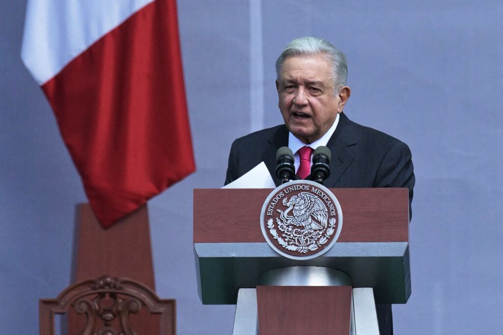 Mexican President Andres Manuel Lopez Obrador delivers a speech after a demonstration following the president's call for the 85th anniversary of the nationalization of oil in the middle of a controversy on electoral reform at the Zocalo square in Mexico City on March 18, 2023. (Photo by RODRIGO ARANGUA / AFP) (Photo by RODRIGO ARANGUA/AFP via Getty Images)