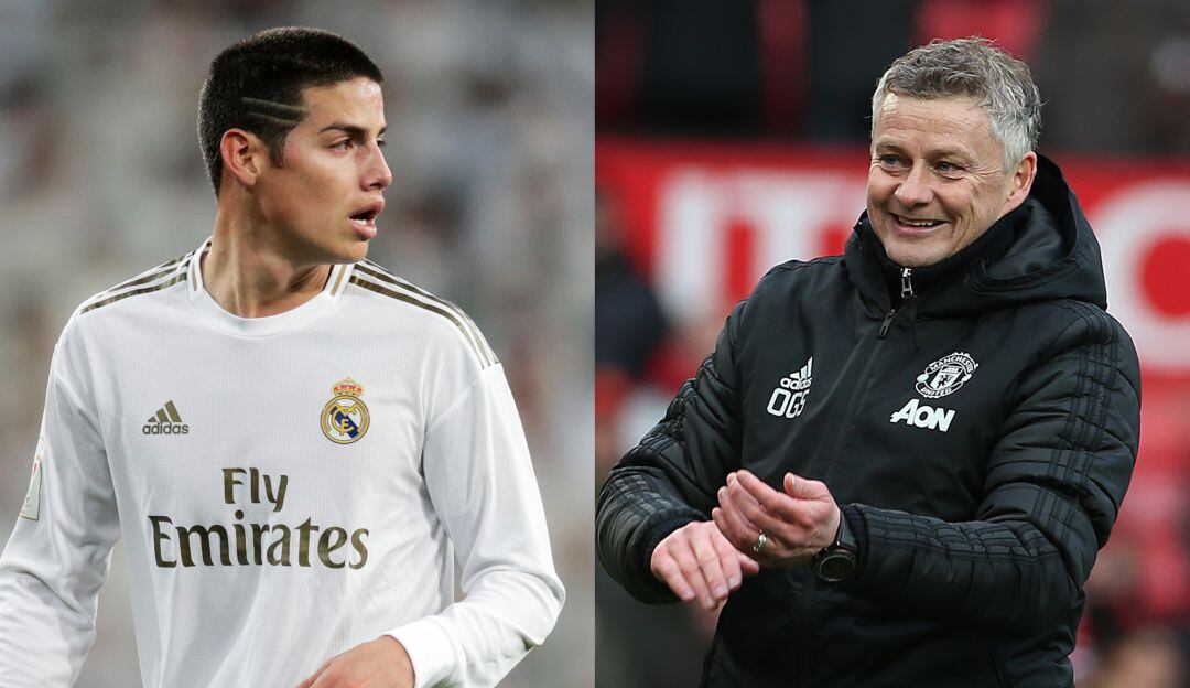 James Rodríguez (der.) y Ole Gunnar Solskjær, técnico del Manchester United (izq.).