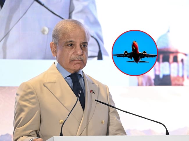El primer ministro de Pakistán, Shehbaz Sharif. A la izquierda hay una imagen de referencia de un avión (Cortesía: Berke Bayur/Anadolu via Getty Images)