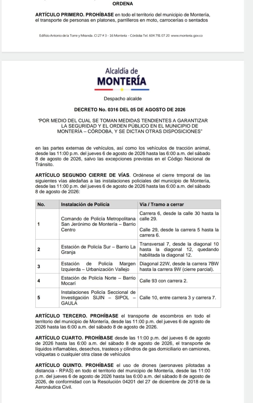 Decreto de la Alcaldía de Montería.