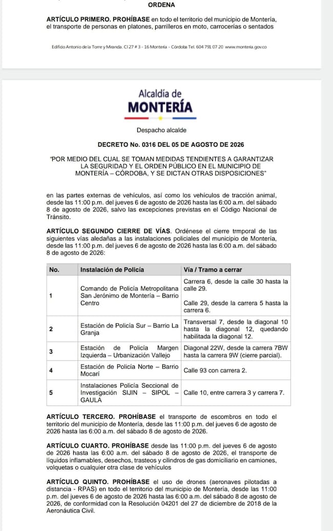 Decreto de la Alcaldía de Montería.