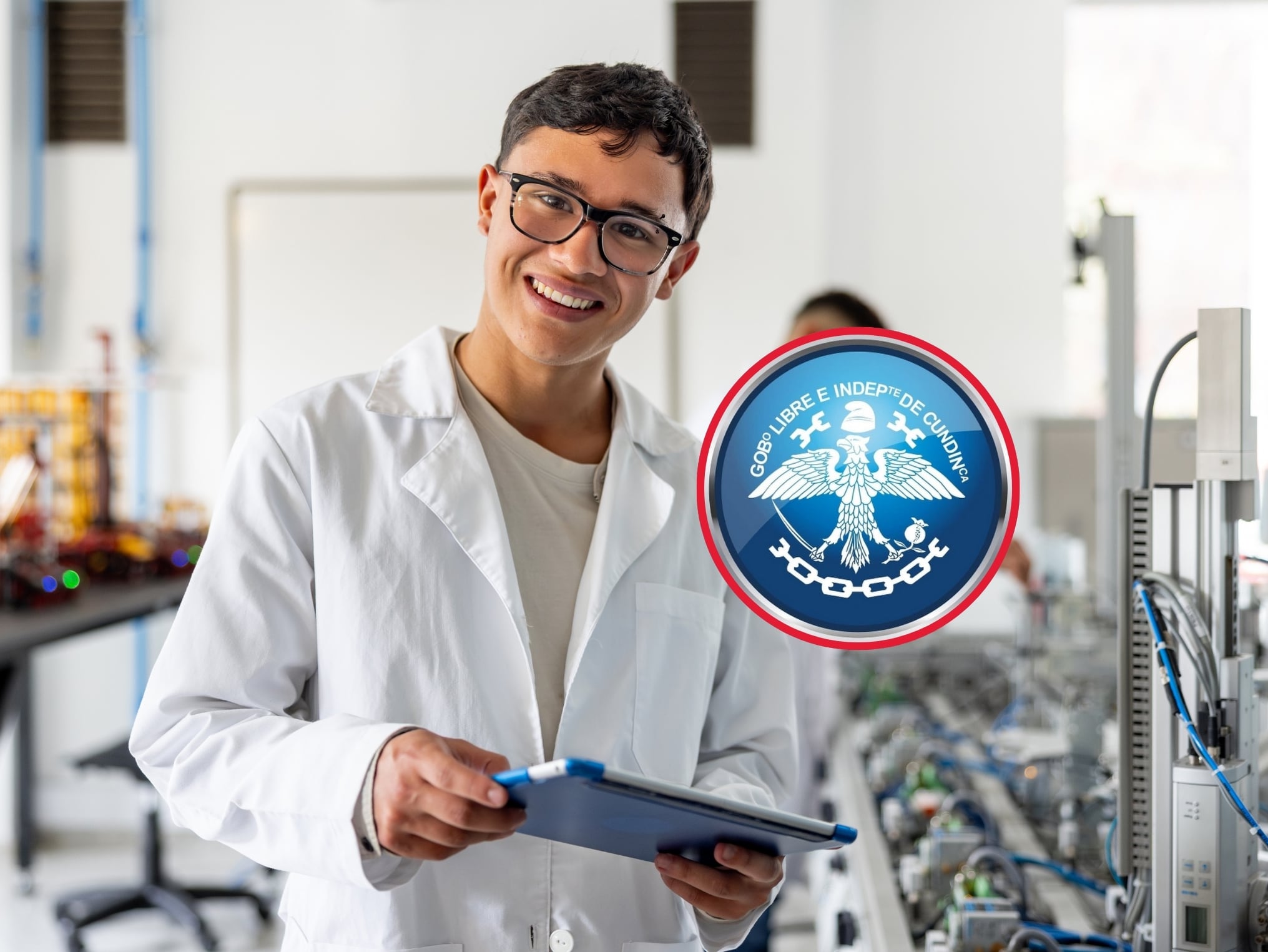 De fondo: Joven estudiante en un laboratorio tecnológico (Crédito: Getty Images). A la derecha se encuentra el logo de la Gobernación de Cundinamarca.