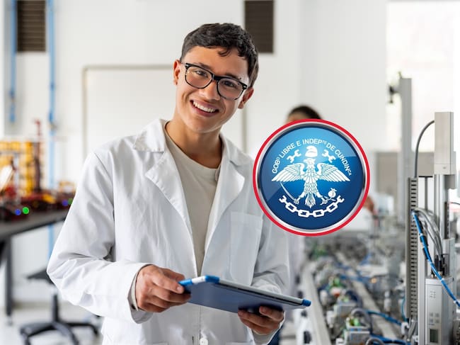 De fondo: Joven estudiante en un laboratorio tecnológico (Crédito: Getty Images). A la derecha se encuentra el logo de la Gobernación de Cundinamarca.