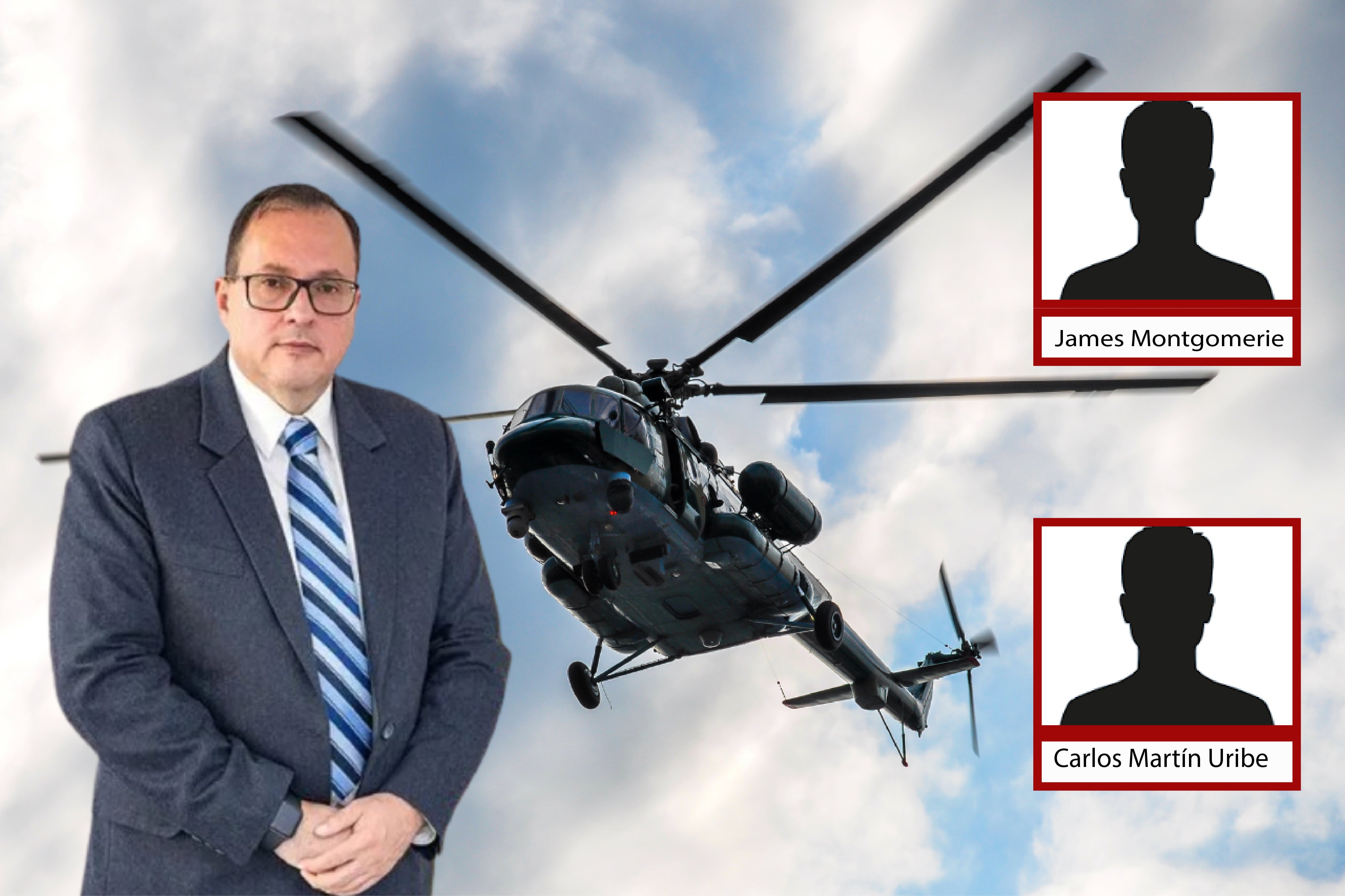 En la foto: De fondo un helicóptero Mi-17, el exviceministro de Estrategia y planeación, Luis Edmundo Suárez. Además, dos recuadros con los nombres de los socios de Vertol Systems Company