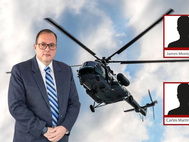 En la foto: De fondo un helicóptero Mi-17, el exviceministro de Estrategia y planeación, Luis Edmundo Suárez. Además, dos recuadros con los nombres de los socios de Vertol Systems Company