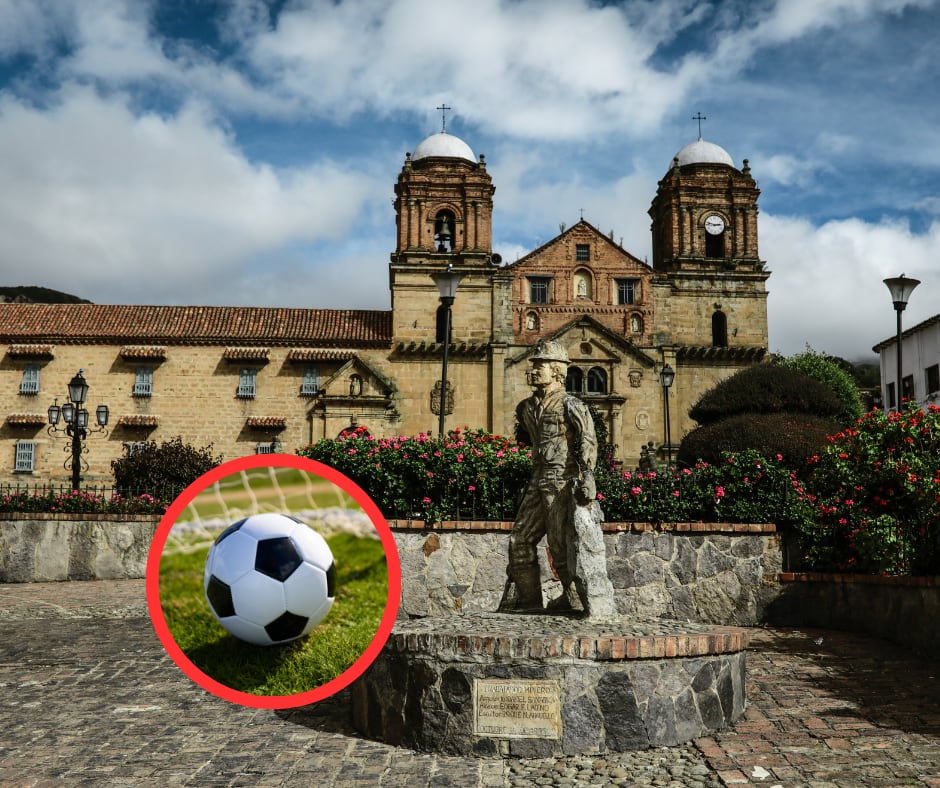 Plaza central de Monguí y balón de fútbol (Getty Images)
