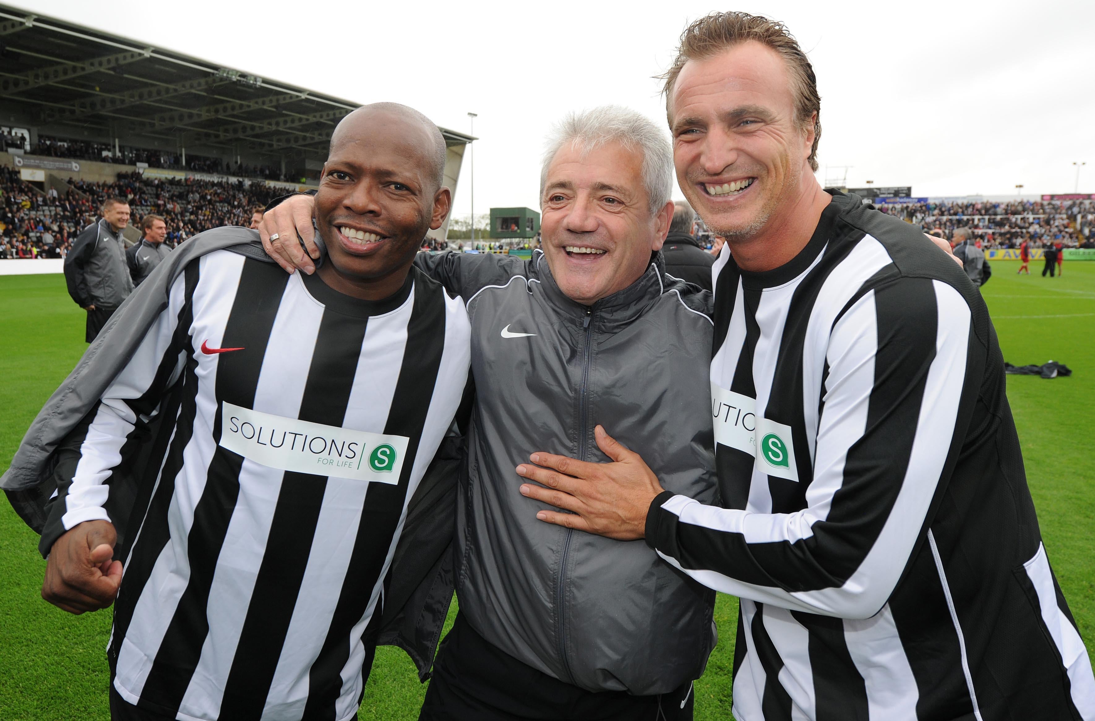Tino Asprilla, (left) Kevin Keegan (centre) and David Ginola prior to an Entertainers Reunited match at Kingston Park, Newcastle. (Photo by Owen Humphreys/PA Images via Getty Images)