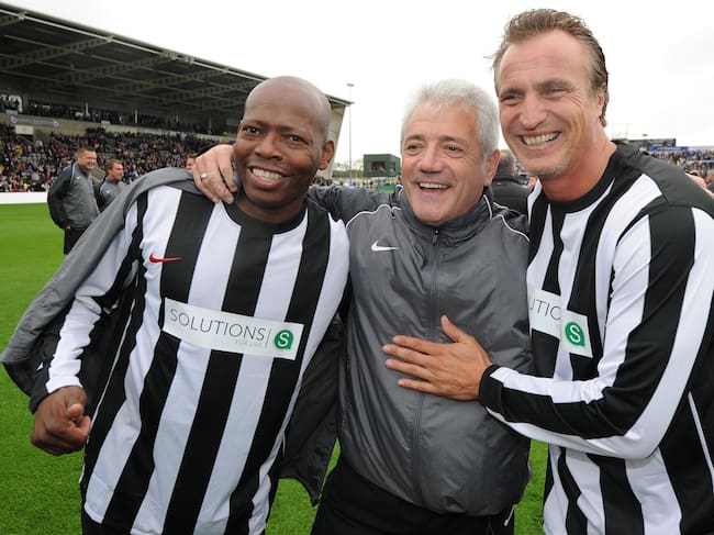 Tino Asprilla, (left) Kevin Keegan (centre) and David Ginola prior to an Entertainers Reunited match at Kingston Park, Newcastle. (Photo by Owen Humphreys/PA Images via Getty Images)