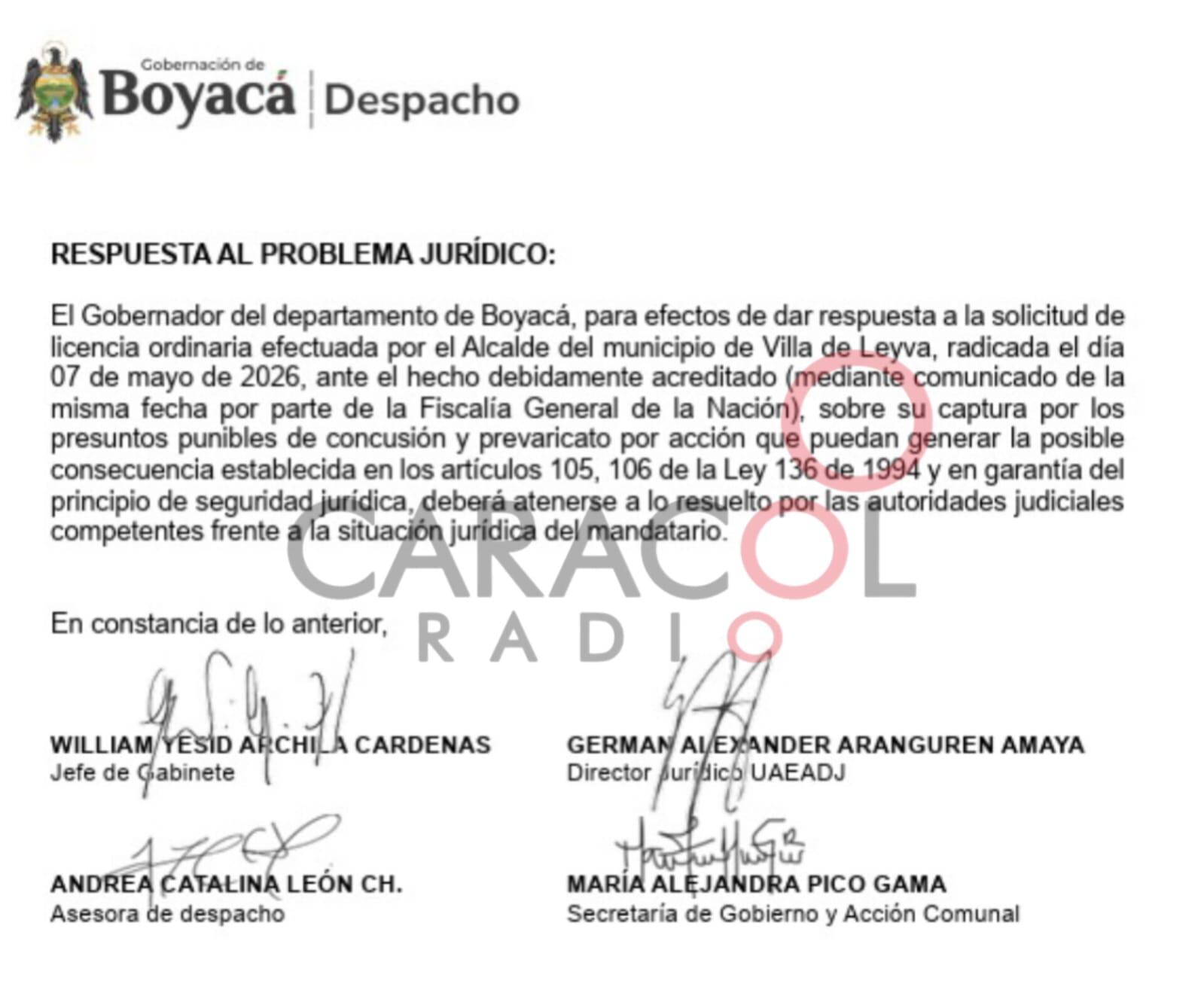 Solicitud de licencia no remunerada del alcalde de Villa de Leyva, Víctor Alfonso Gamboa.