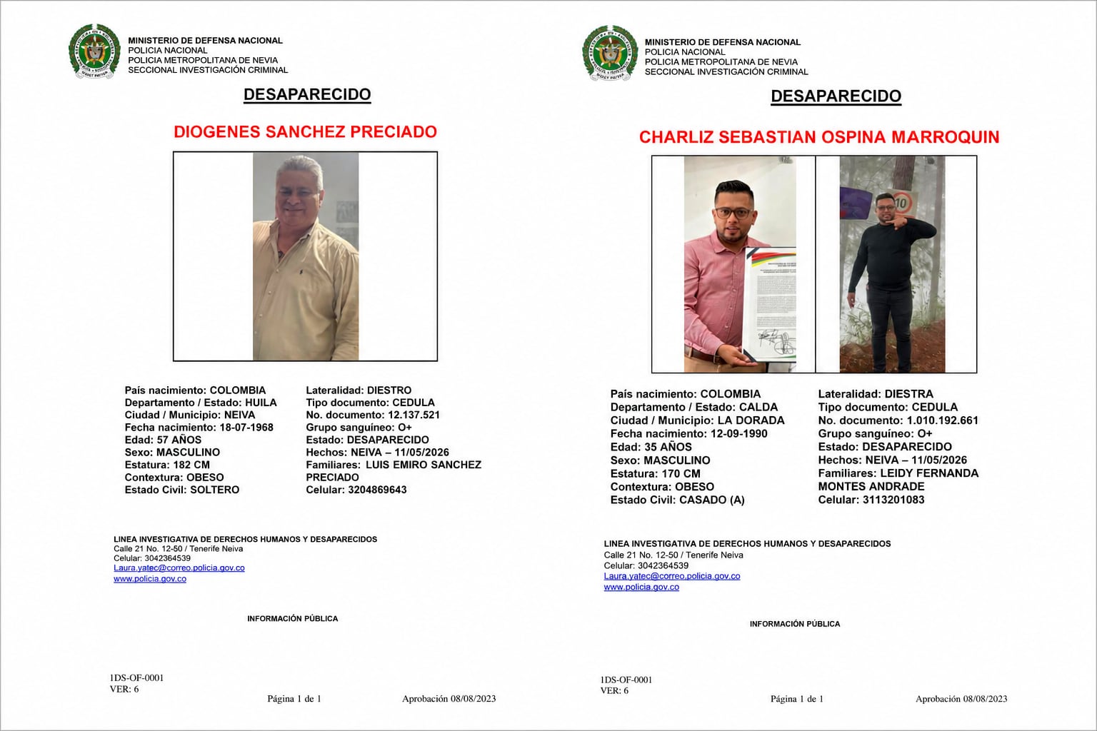 Diogenes Sánchez Preciado, de 57 años, y Charliz Sebastián Ospina Marroquín, de 35 años. Foto Relacionada