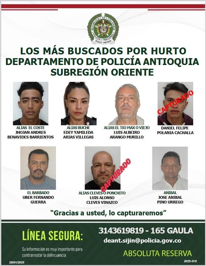 Capturados dos de los más buscados por hurto en Antioquia.