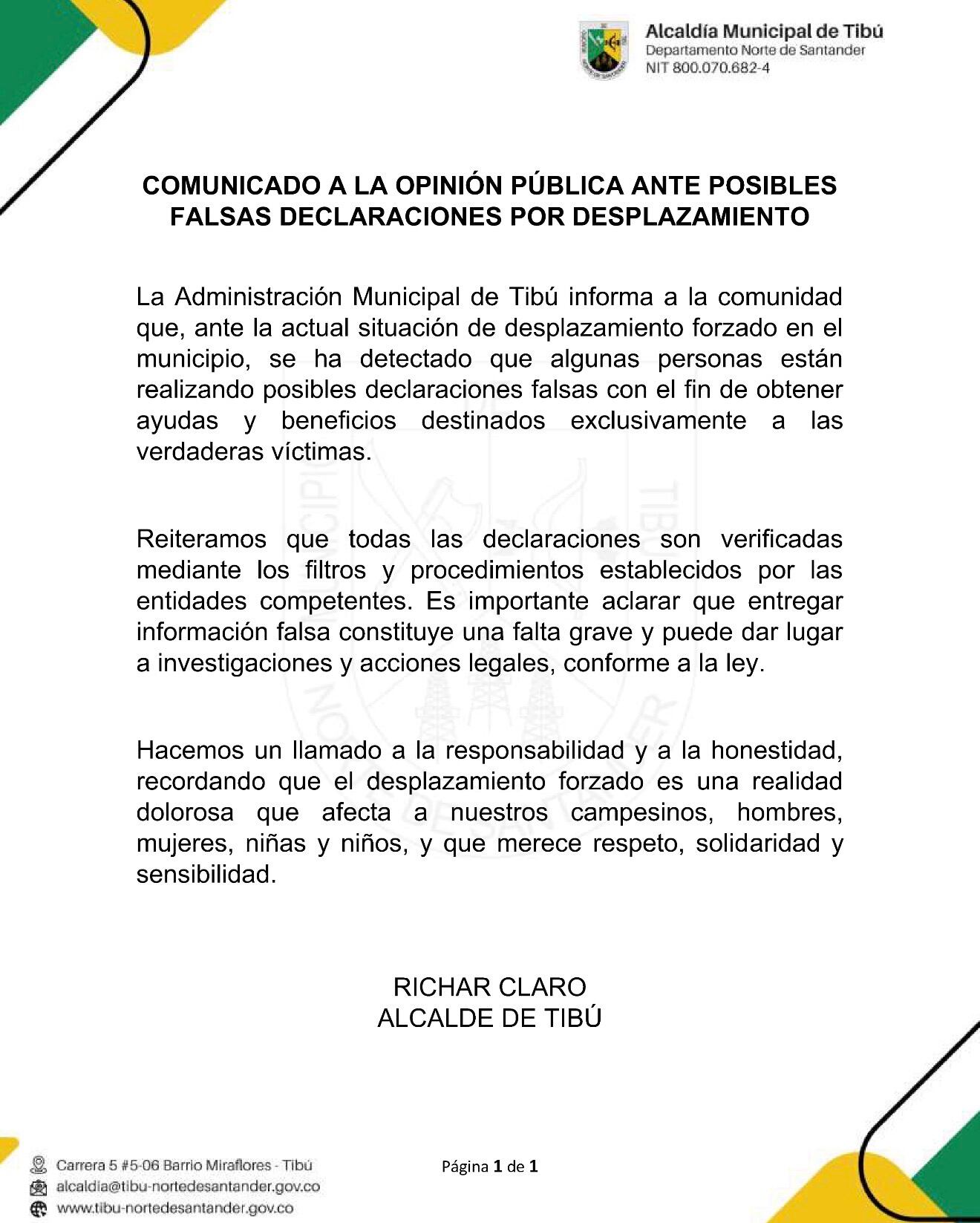 Alcaldía de Tibú advierte sobre falsas declaraciones de desplazamiento para acceder a ayudas. Foto: Alcaldía.