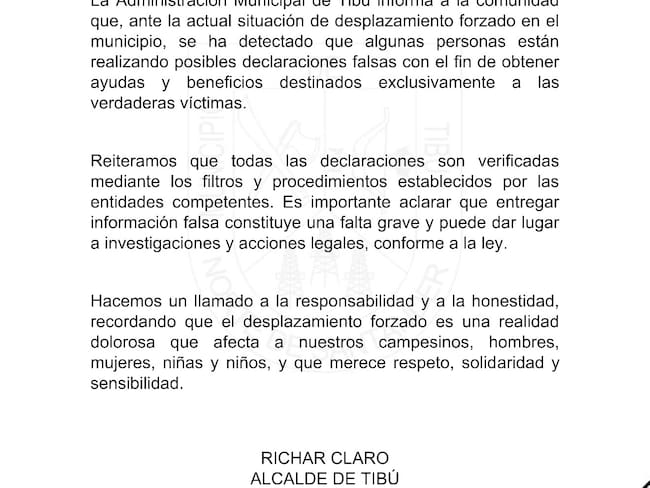 Alcaldía de Tibú advierte sobre falsas declaraciones de desplazamiento para acceder a ayudas. Foto: Alcaldía.