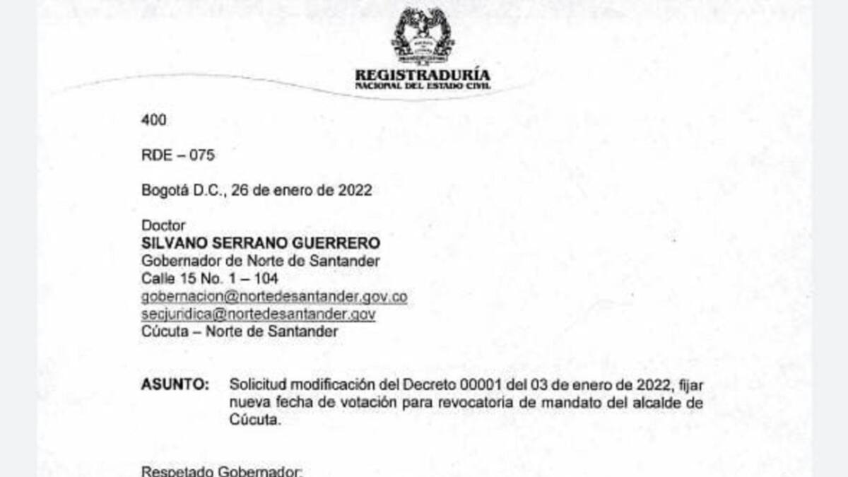 Registraduría pide cambio de revocatoria de Cúcuta para el 27 de marzo